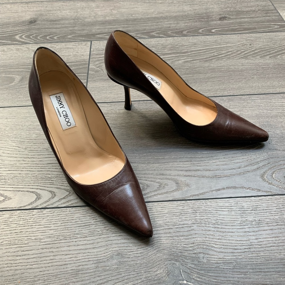 Well loved Jimmy Choo London brown leather pumps, 3.5” heel, size 7 US (37.5 eu)